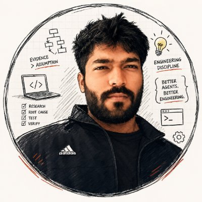 Hand-drawn portrait of Prasanna Anthony, ringed by the notes he works to: evidence over assumption, engineering discipline, better agents through better engineering, and a checklist reading research, root cause, test, verify.